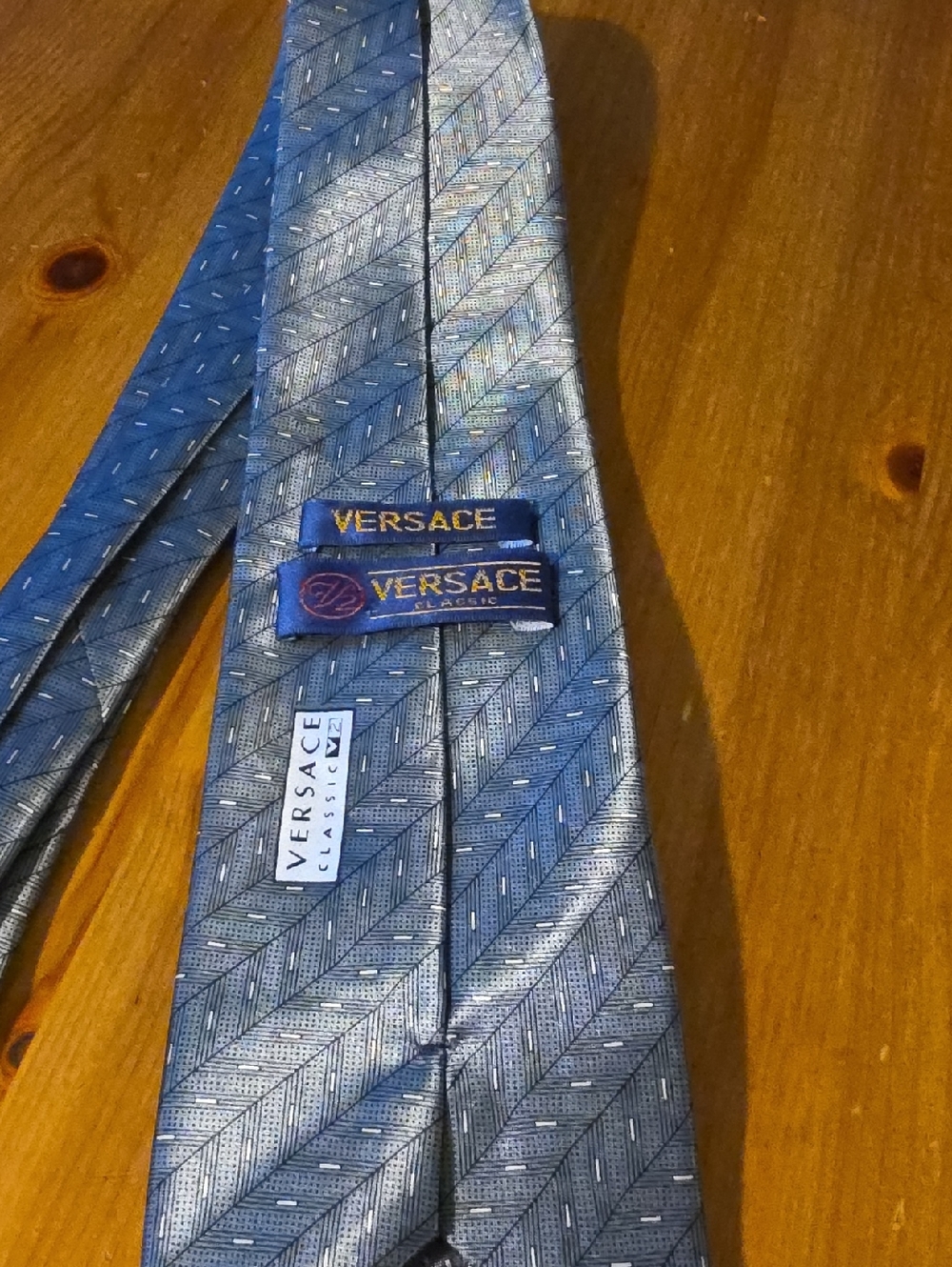 Versace Blue and Silver Herringbone Silk Tie with Subtle Dot Detail